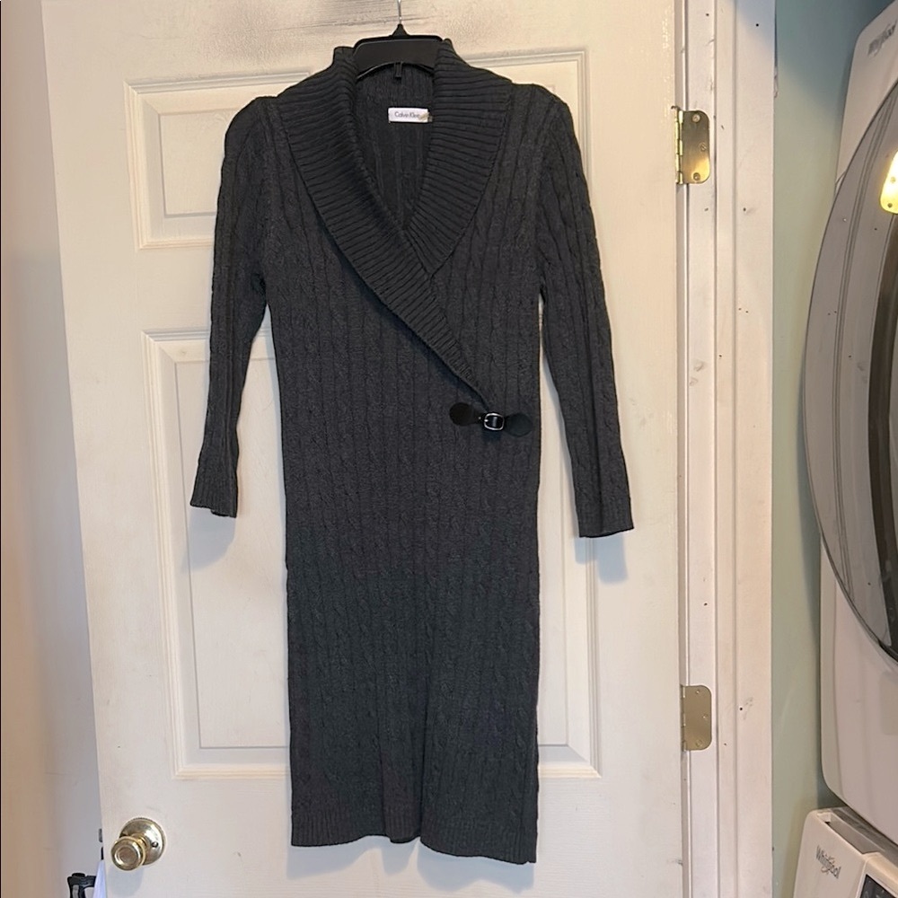 Calvin Klein Gray Cable Knit Sweater Dress with Shawl Collar Size Medium